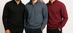 Three men wearing quarter-zip pullovers in black, gray, and burgundy with casual modern athletic style and comfortable fit