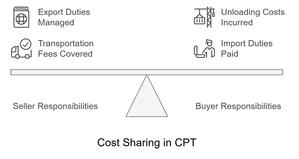 Balance scale showing seller and buyer trade responsibilities costs distribution
