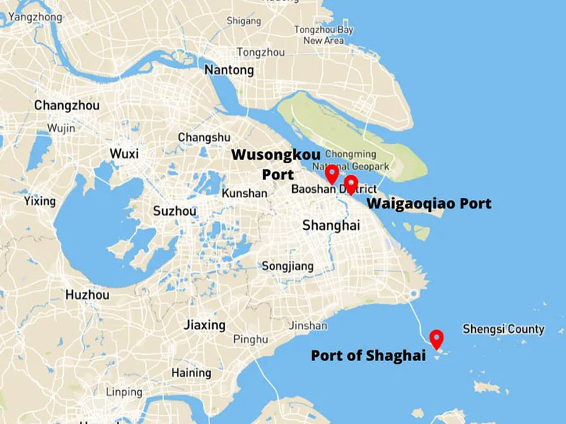 Map showing Shanghai region with Wusongkou, Waigaoqiao, and Port of Shanghai locations marked along the coastline.