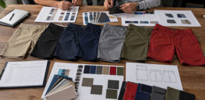 Assorted golf shorts in multiple colors displayed with fabric swatches, design sketches, and color palettes during apparel product development and merchandising planning.