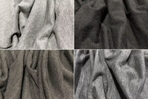 Close-up collage of gray and black soft knit fabrics showing different textures and draped material surfaces.