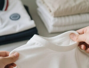 Hands stretching soft white T-shirt fabric, showcasing comfort, flexibility, durability, and premium cotton blend quality.