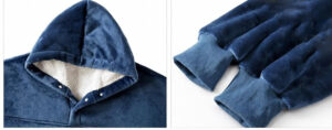 Close-up images showing the hood and cuffs of a navy blue plush hoodie with soft lining.