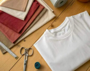 Folded T-shirt with assorted fabric swatches, scissors, ruler, and sewing tools on wooden table