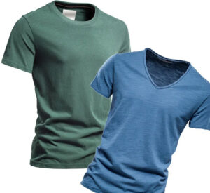Two men's t-shirts displayed side by side, one V-neck and one crew neck, in green and blue colors.