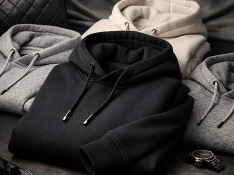 Neatly folded hoodies in black, gray, and beige shades displayed on a table, showcasing casual winter wear with drawstrings and hoods
