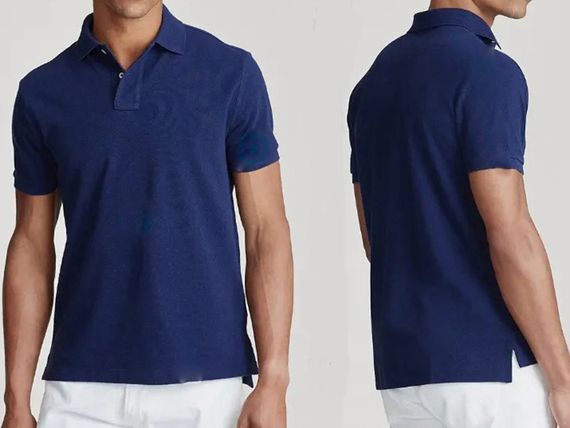 Front and back views of a navy short-sleeve polo shirt.