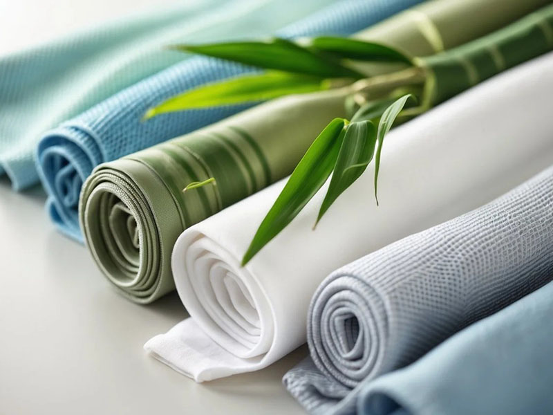 Rolled bamboo fabric and textile materials with fresh bamboo leaves, highlighting sustainable, eco-friendly fabrics for apparel and home textiles.