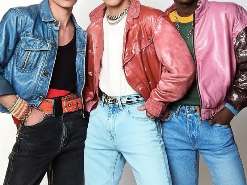 Three men wearing vibrant leather jackets and jeans standing together, showcasing stylish fashion layering.