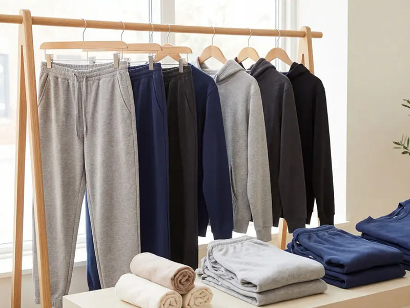 Various folded sweatpants and hoodies displayed on a clothing rack in multiple colors, showcasing loungewear collection.
