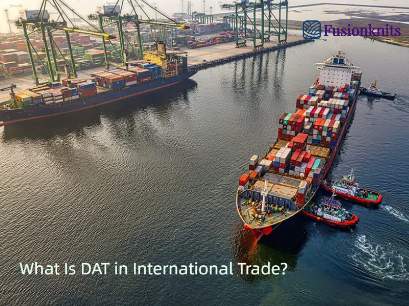 Container ship at busy port illustrating DAT incoterms in international logistics trade.