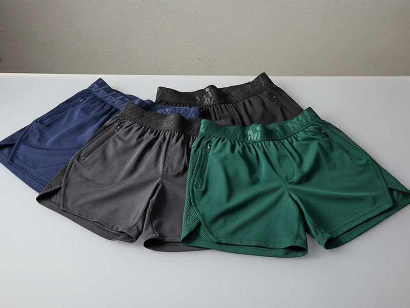 Four pairs of men's workout shorts in navy, dark gray, black, and green laid on a white surface, featuring elastic waistbands and zippered pockets.