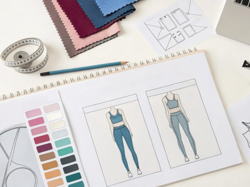 Fashion designer’s workspace featuring leggings sketches, fabric swatches, color palettes, measuring tape, and technical drawings for activewear product development.