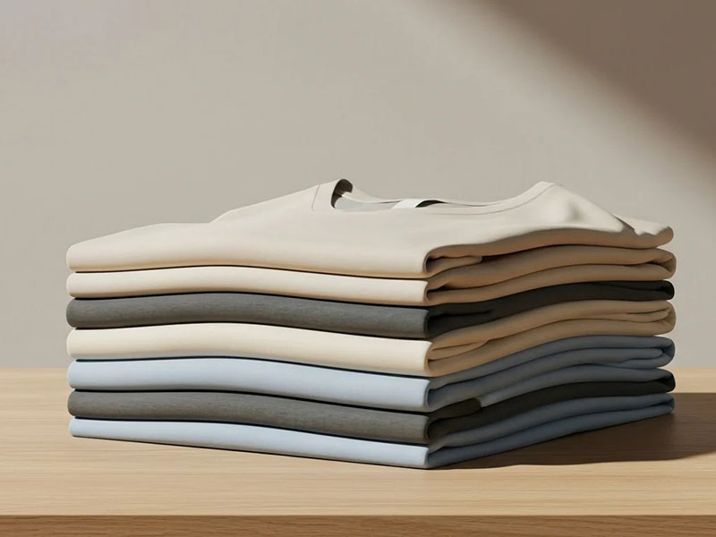 Stack of neatly folded basic T-shirts in neutral colors, showcasing soft fabric, clean design, and minimalist everyday wardrobe essentials.