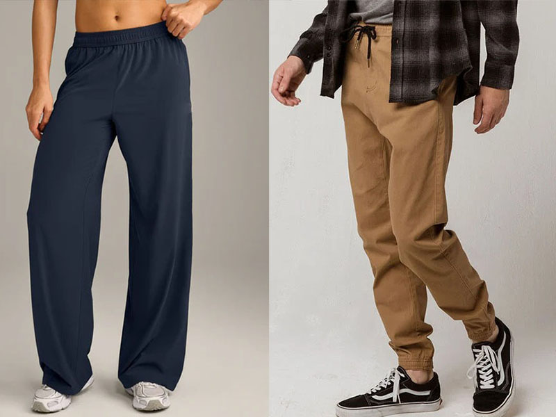 Side-by-side comparison of navy joggers and tan sweatpants worn casually