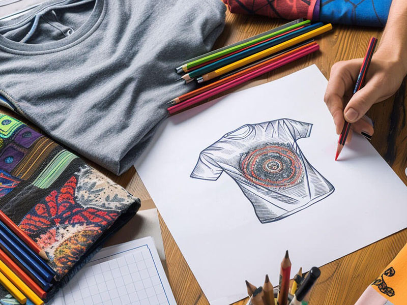 Person sketching a colorful mandala design on a gray T-shirt using colored pencils.