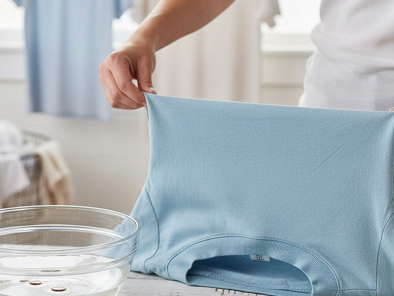 Person stretching a light blue T-shirt over a bowl of water to soften the fabric.