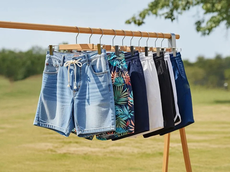 Assorted men's shorts including denim, printed swim trunks, and athletic styles displayed on hangers outdoors.