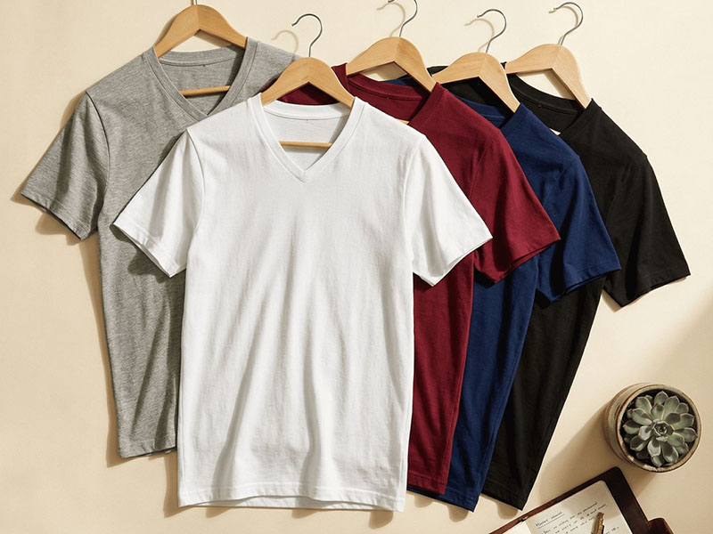 Collection of colorful V-neck T-shirts hanging on wooden hangers, showcasing casual everyday apparel options in multiple colors