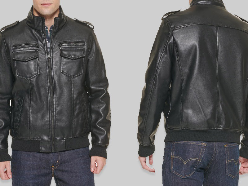 Front and back views of a men's black leather bomber jacket featuring zip closure, multiple utility pockets, ribbed cuffs, and classic military-inspired styling.