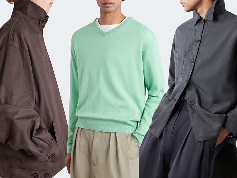 Three Japanese models wearing modern minimalist jackets, sweaters, and shirts.