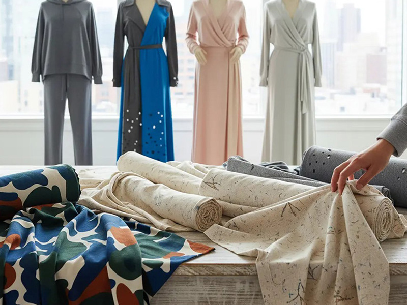 Close-up of various folded fabrics including cotton, knits, and woven materials for women's apparel design.