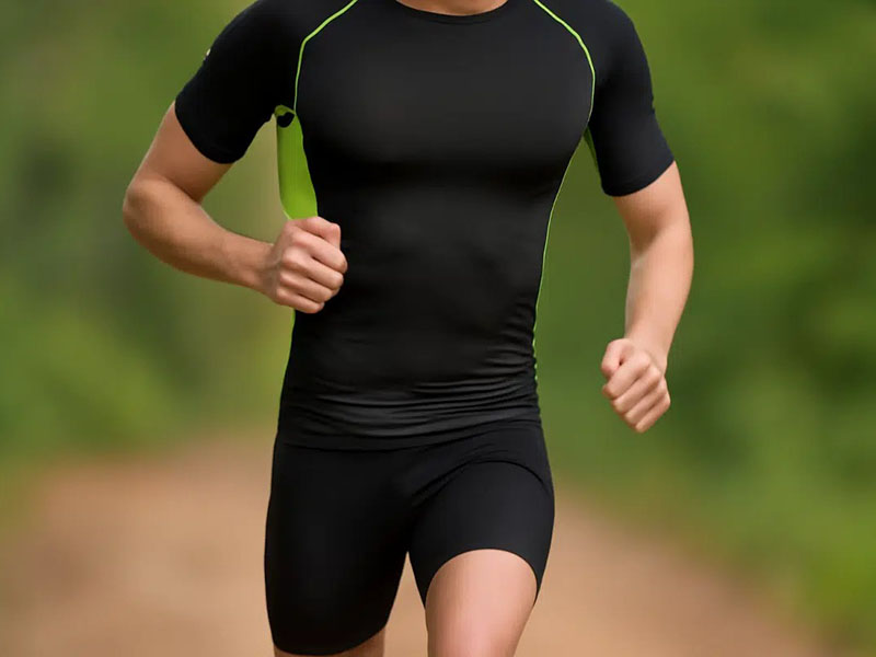 Athlete wearing black compression shirt and shorts while running outdoors on a trail.