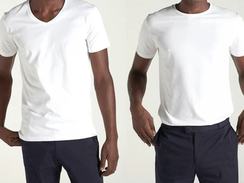 Comparison of men wearing white crew neck and V-neck T-shirts with casual dark pants.