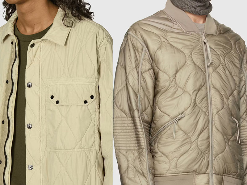 Close-up of quilted liner jackets featuring lightweight insulated construction, wave stitching patterns, and versatile outerwear design for transitional weather.