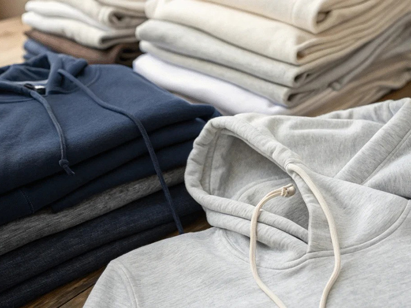 Stacks of folded hoodies and sweatshirts in neutral and navy colors.