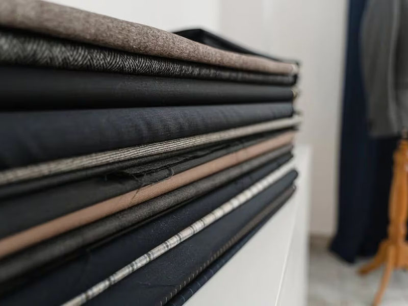 Stack of folded fabric swatches in dark neutral tones showcasing texture and tailoring materials