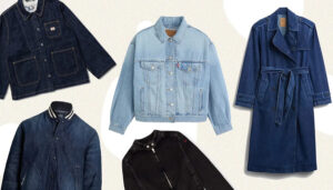Five different styles of women's denim jackets in various washes and designs.