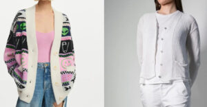 Two women's knit cardigans displayed side by side, featuring colorful patterned and minimalist white designs for stylish casual layering and everyday comfort.