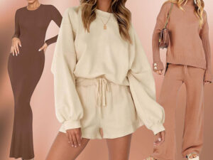 Collection of women's loungewear sets featuring sweatshirt shorts, knitwear, and maxi dress styles for comfortable homewear and casual everyday fashion.