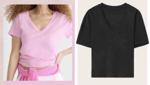 Pink and black women’s V-neck T-shirts displayed on model and plain product background.