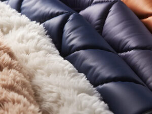 Close-up view of different jacket lining materials including plush fleece and quilted synthetic fabrics, showing texture and softness for insulation purposes