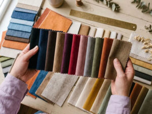 Hands comparing colorful fabric swatches for textile selection, showcasing cotton, polyester, and blended material options for apparel production.