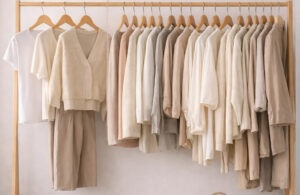 Minimalist women's capsule wardrobe with beige, white, and cream tops, cardigans, and pants hanging neatly on a wooden clothing rack.