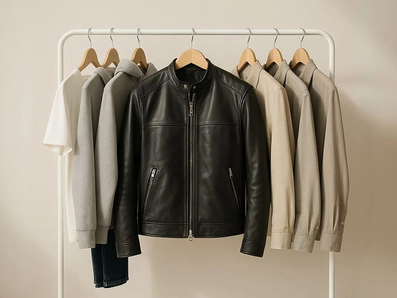 Black leather jacket displayed on clothing rack with neutral casual outfits